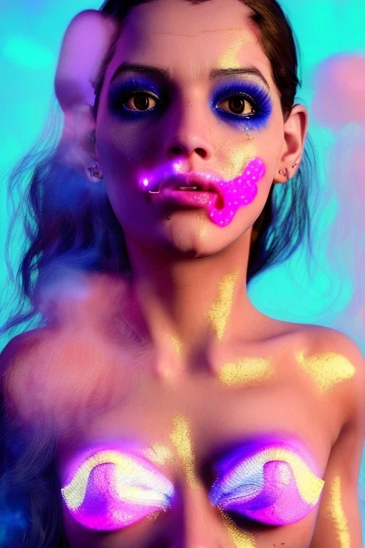 Ultra Realistic image, Rosalía artist, portrait, waist up portrait, long black eye line, sweet face, gold pink and blue geisha style, spray glow make up, led lights, neon, gold piercing nose, led teeth, led ornament hair, glow pink iris, fog, oversized bubble latex coat, vibrant color, highly detailed, art stations, concept art, smooth, unreal engine 5, god rays, ray tracing, RTX, lumen lighting, ultra detail, volumetric lighting, 3d, finely drawn, high definition, high resolution.