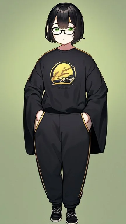 generate a tall guy with green eyes, black short hair, black rectangular glasses, plump lips, wide shoulders, in a black sweatshirt, black pants with pockets on the hips, yellow short socks, in black sneakers, wide shoulders, the guy is crying