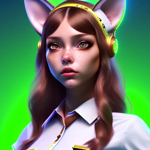 waitress teenager, latin, cat ears latex headband, rounded face, brown hair, short hair, light makeup, striped shirt, vibrant color, highly detailed, gradient background, concept art, smooth, 16 bit, unreal engine 5, god rays, ray tracing, RTX, lumen lighting, ultra detail, volumetric lighting, 3d, finely drawn, high definition, high resolution.