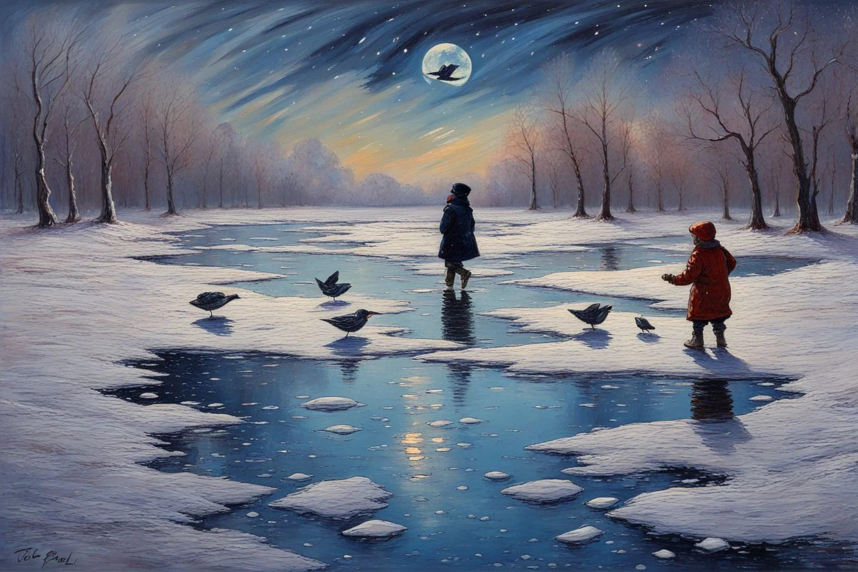 Gems, little puddle, space, person, ice, winter, flying birds, fantasy, otto pippel impressionism painting