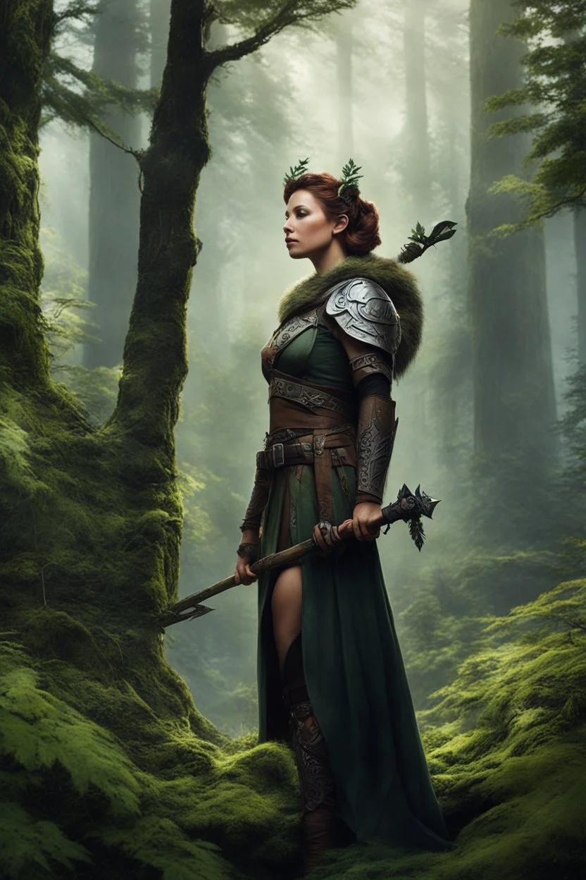 [Endor, tattooed woman warrior, battleaxe] Afrey kneels watchful upon her chosen branch high above the city. Soft glows through the leaves below speak of hearths lit and eyelids growing heavy as the Ewoks within ready themselves for sleep. But she will keep her mantle of guardian a while longer yet. With subtle shifts and flickers, the tattoos adorning her frame seem to writhe in the dimness like nothing so much as the vines and branches around her. Great serpents and ravens curl in tune to some