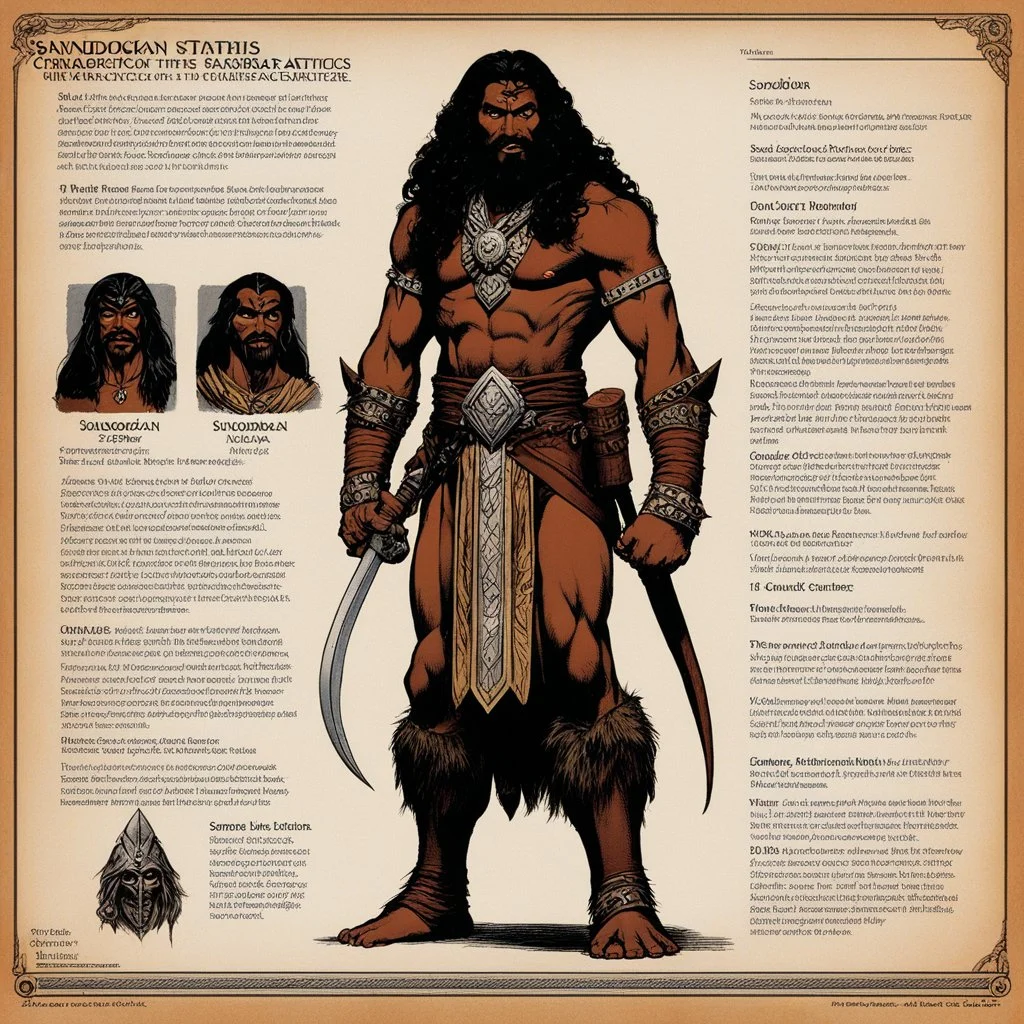 monster concept sheet with AD&D statistics and characteristics : the Sandokan (1976) character class with table of special powers