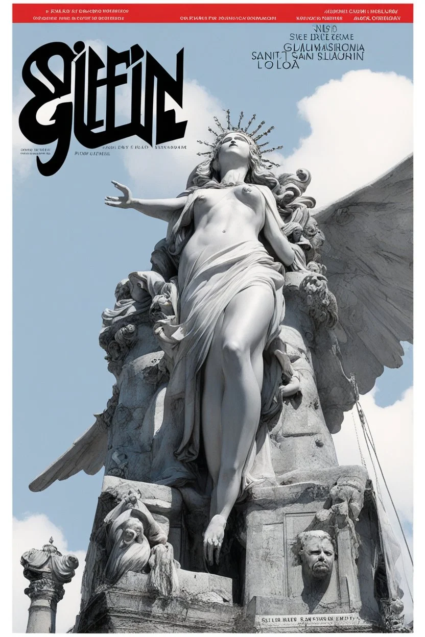 SNIFFIN’ GLUE magazine high res photo cover by Ralph Steadman: special issue #42 on older statues of Saint Maria seen from below, guest star: Lola Glaudini with no inhibitions under the shower, she is blessing the sky in agent provocateur [a lot of writing and table of content issues like indie magazines]