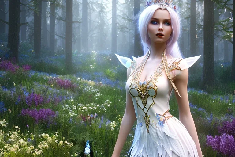 Fantasy cute elf with transparent wings, smiling, make up, long blond platinum hair, blue eyes, crown, beautiful dress, flowers and forest in background, HQ, unity engine