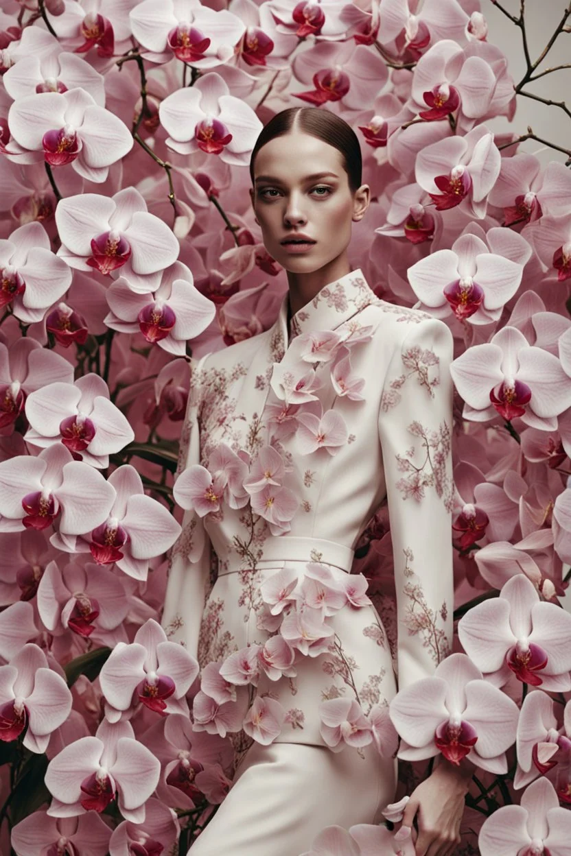 Close up Surrounded by blooming orchids, a model in an Alexander McQueen ensemble strikes a dynamic stance. Captured in a close-up for Elle by Nadav Kander.