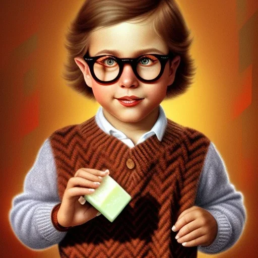 Peter billingsley chubby kid Tortoise-shell glasses, Holding a "dark red bar of soap" in his hand, brown argyle sweater