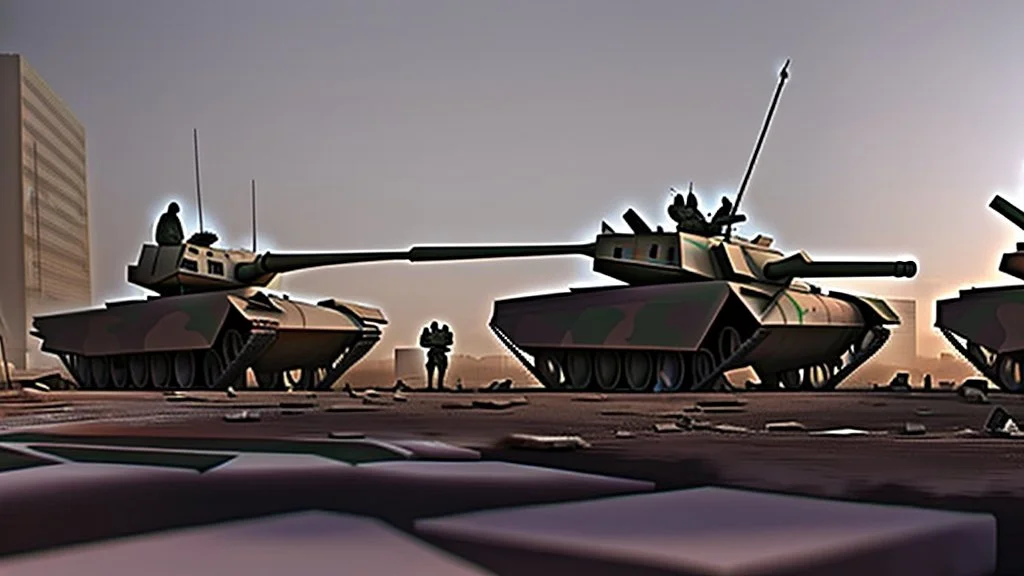 Israeli soldiers and tanks stand on a very large chessboard in the middle of a destroyed city