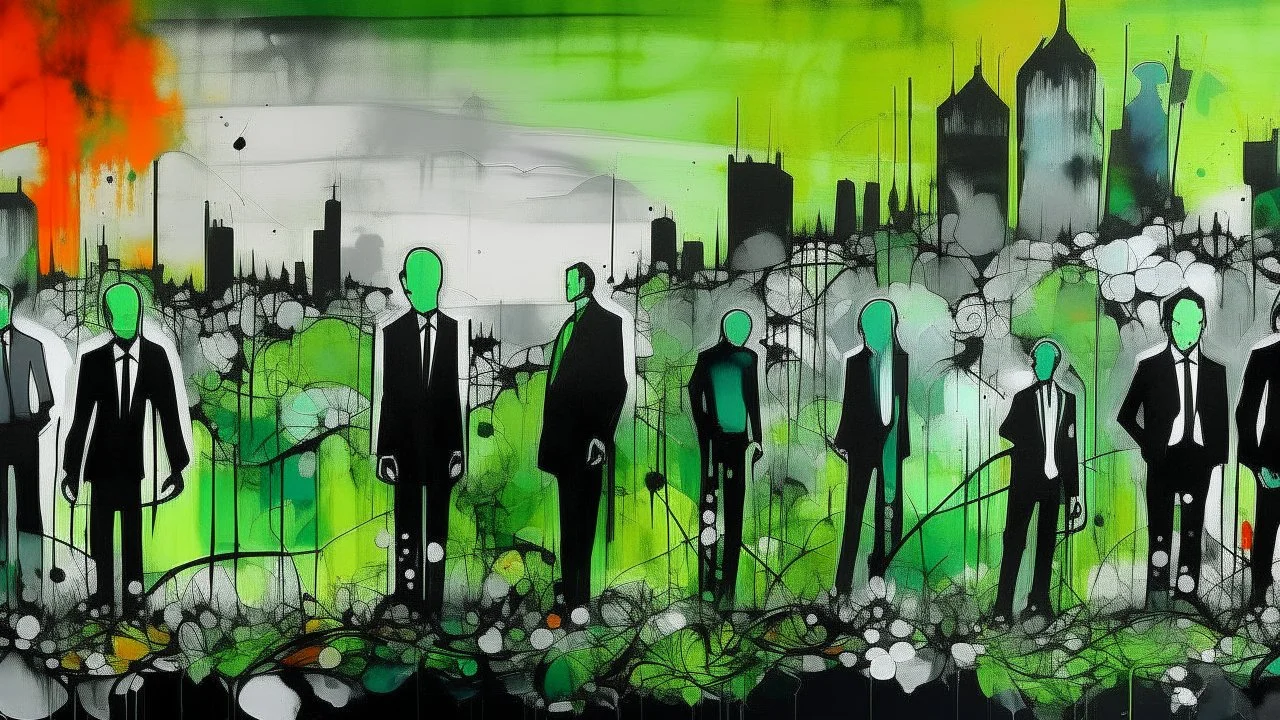 abstract painting, Echoes of Lost Eras, silhouettes of modern business people in a flowery green field, the silhouette is pasted with early 20th century black and white photos of damaged grainy, smoky, dirty industrial estates and business people covered with colorful financial graphiconsuse flat bright colors displayed art, Charcoal, Metallic Ink: merging into walls of shadow., refugees, conformity, Analogue film photo, 1950s, candid, retro analog, 35mm film, film grain,