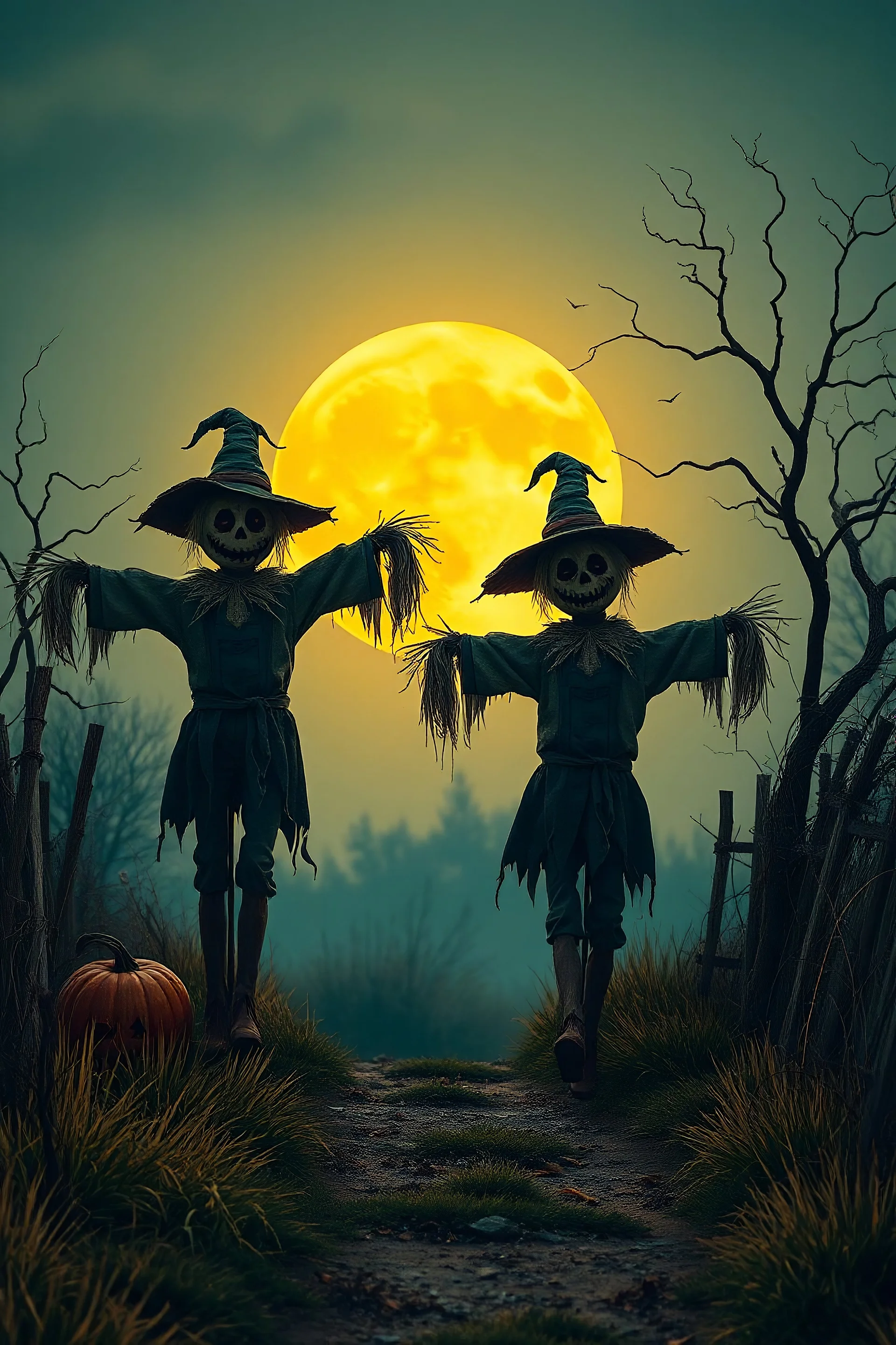 2 creepy scarecrows walking down a path on a full moon on Halloween