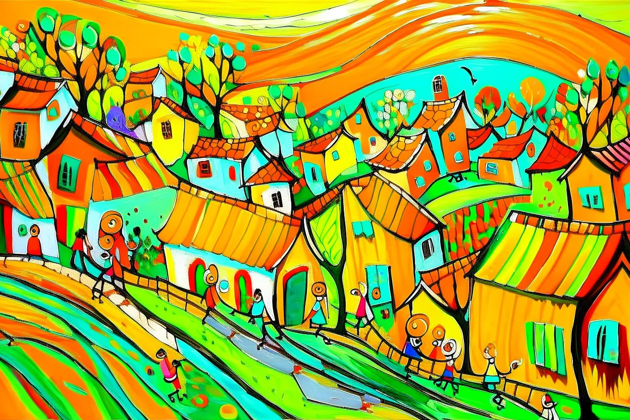 whimsical arafed nonsense, patchwork vibe, acrylic and ink painting of a cozy village main street on undulating hills with color (((minimal))) sketches of village people with (((extremely long limbs))), (((oversize head))), sharp color contrasts, amazing shadows, (((exaggerated limbs and head))), minimal cozy, warm palette, bright bold warm summer green yellow orange black colors, color leak, heavily distorted views, amazing parallels, amazing reflections