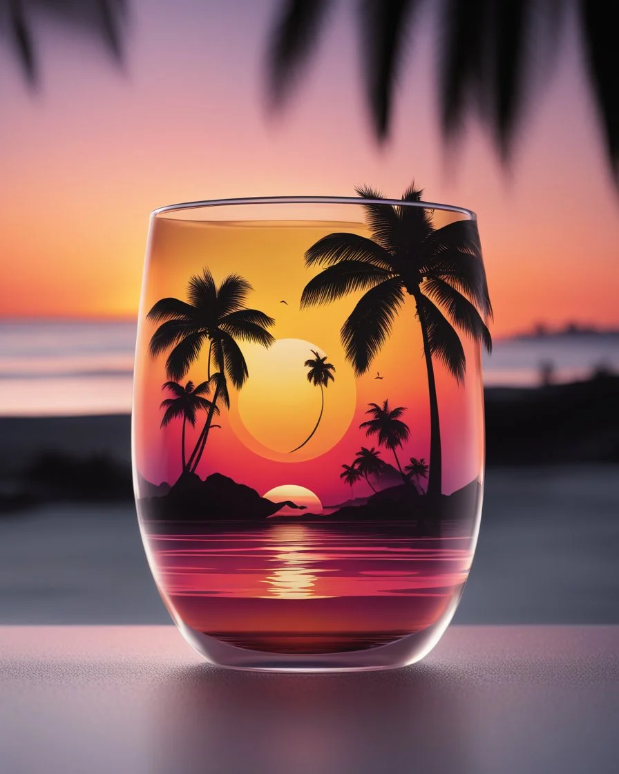 Stunning conceptual beach scene illustration in cocktail glass silhouette. Beach with vibrant colors, sunset sky and coast with palm trees. Cinematic black background, the glass looks like a window to a tropical paradise.12k 3D HD hyper-realistic Image quality CodeFormer AI 12K, cute flower fairy with bright wings like morning dew, flutters from flower to flower. Hair in curls,adorned with petals and pollen, mysterious phoenix woman,her silhouette made with interconnected and integrated elements