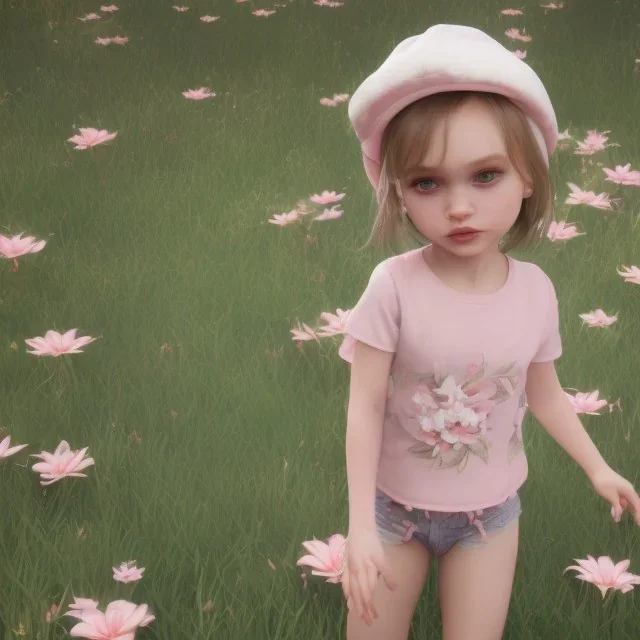 Lily rose depp toddler, full body, floral clothes, dynamic pose, tokio background, dramatic lighting, hyper realistic, unreal engine, 8k, upscale