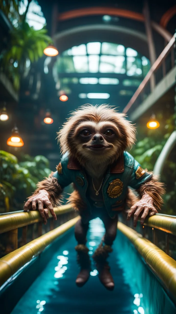 fish-eye photo of furry hairy pimp rocker alien gremlin sloth granny on bridge over water slide magically levitating in dark lit reflective wet jungle hall hotel tunnel, in the style of fallout 4 game,bokeh like f/0.8, tilt-shift lens 8k, high detail, smooth render, down-light, unreal engine, prize winning