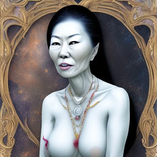 An older asian woman’s face while she has an orgasm