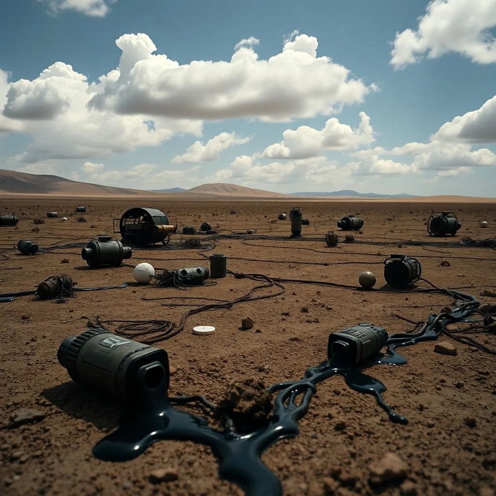 Photograph, objects scattered over an arid surface, noon-light, clouds, tv studio, nothingness, close-up, in Yves Tanguy style, nightmare, highly hypermaximalist, details of the terrain very accentuated, 8k, deep 3d field, sharp, eerily mysterious, artistic photo, large format film, shot on Hasselblad, 33mm photography, mysterious, dark, rotten, macabre, streams of black liquid