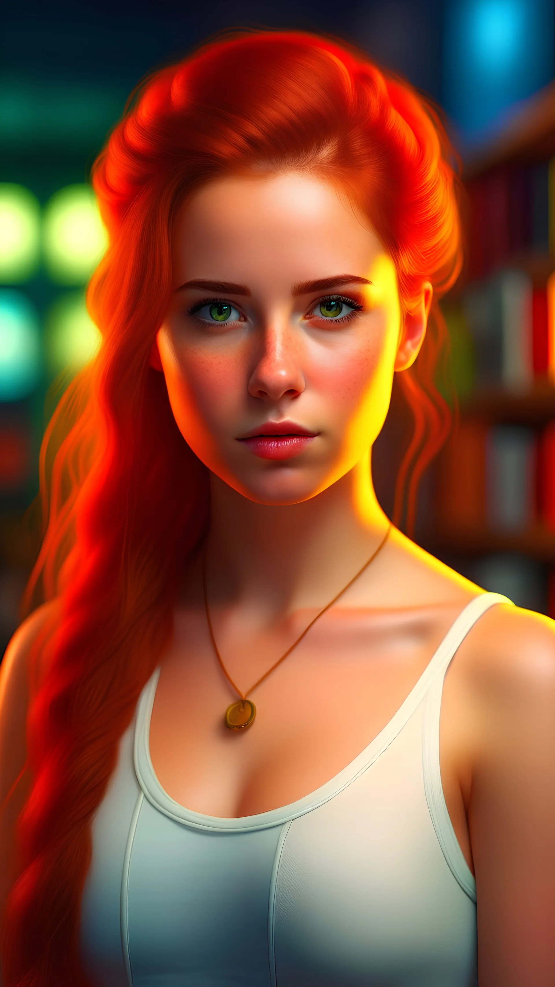 professional portrait, soft green eyes, (extremely detailed CG unity 8k wallpaper), full shot body photo of a beautiful women wearing a white cropped tank top, thin athletic body, , long wavy light brown hair with a tight braid on the left side, High Detail, Sharp focus, dramatic, photorealistic, orange ginger hair, soft lighting, library background, dslr, f/4.0, 19 years old, golden hour