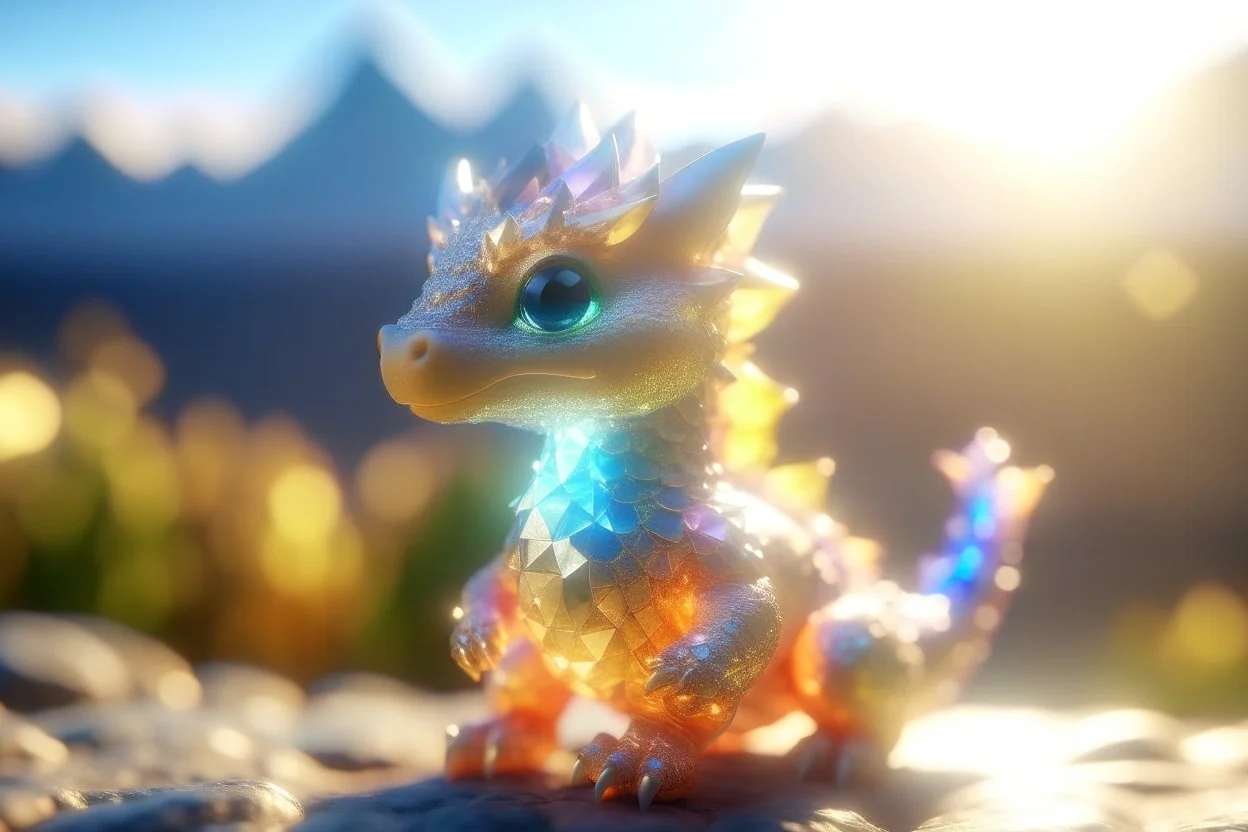 cute chibi anime little dragon, holographic, transparent sparkling crystal mountains in sunshine, ethereal, cinematic postprocessing, bokeh, dof