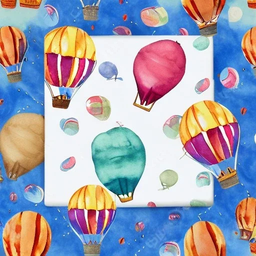 giftwrap pattern with watercolor of a hot air balloon, children's book illustration, white parchment paper, wrapping paper, white background