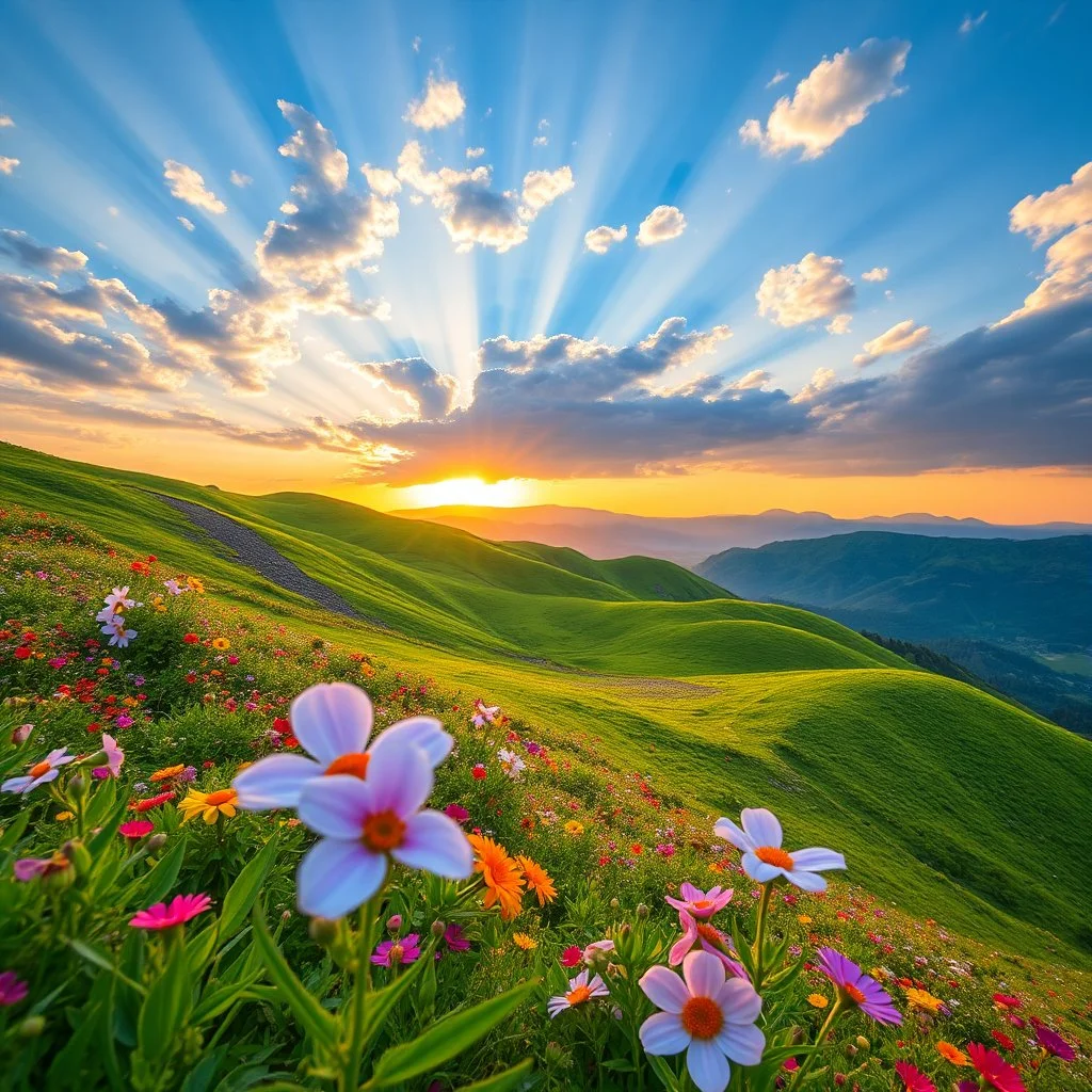 beautiful Green hills covered with flowers colorfull ,blue sky pretty clouds with godray at sunset ,very nice flowers at closeup ,wonderfull mountains at distance