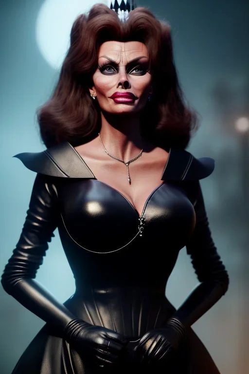 sophia loren as evil queen in black leather, angry, stern look, volumetric lighting, particales,highly detailed,cinematic, deep colours,8