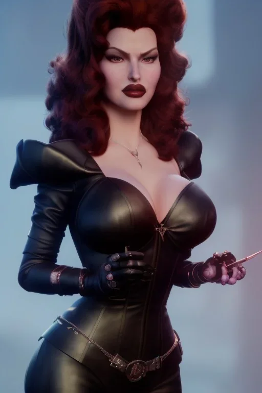 Rita Hayworth as evil queen in black leather, busty, cleavage, curvy, angry, stern look. character design by cory loftis, fenghua zhong, ryohei hase, ismail inceoglu and ruan jia. unreal engine 5, artistic lighting, highly detailed, photorealistic, fantasy