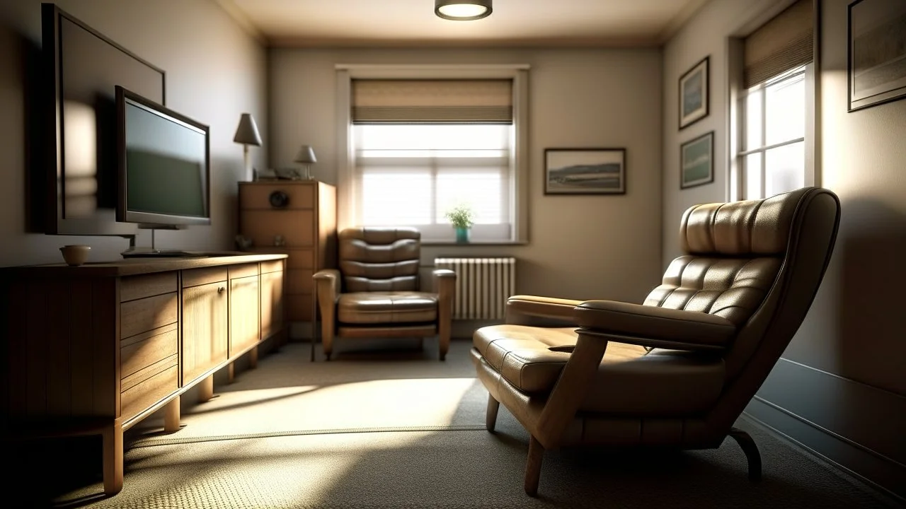 Photorealistic wide shot of an old woman's living room with white walls. Tidy and sparsely furnished with just one well-loved comfy leather recliner, side table and older tv. The recliner, at the long end of the room sits to one side and faces the tv. A small stool on wheels sits beside the tv. There is an open window with open drapes. The drapes appear to be hand sewn and tidy. The room feels empty and is bright but slightly desaturated.