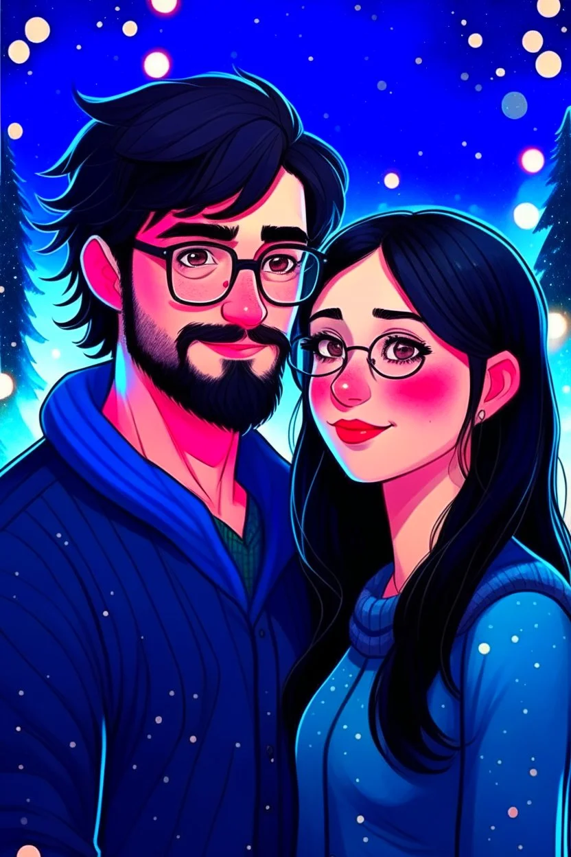 Christmas scene, dark haired couple, man with short black beard and glasses, woman with long hair, blue eyes, young couple, graphic