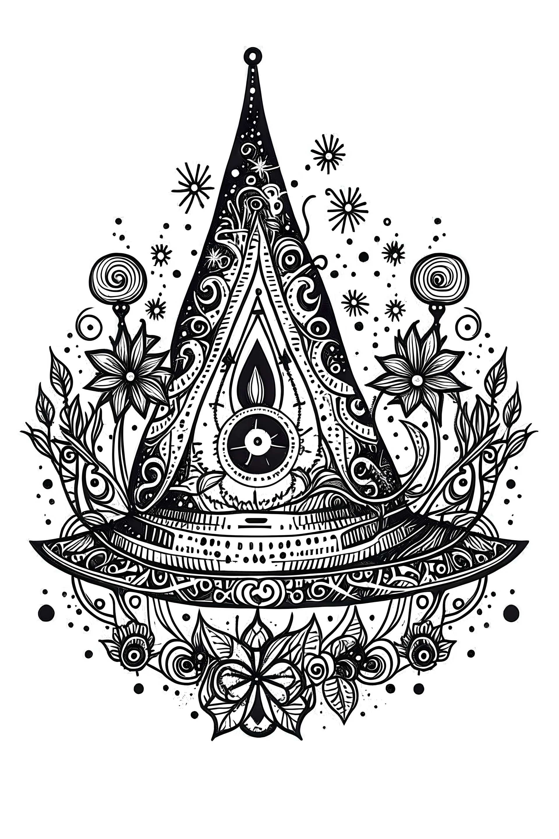 A pointed witch's hat with a wide brim adorned with stars and moons, white background, only use outline black thick outline, mandala style, no shadow, clear line art