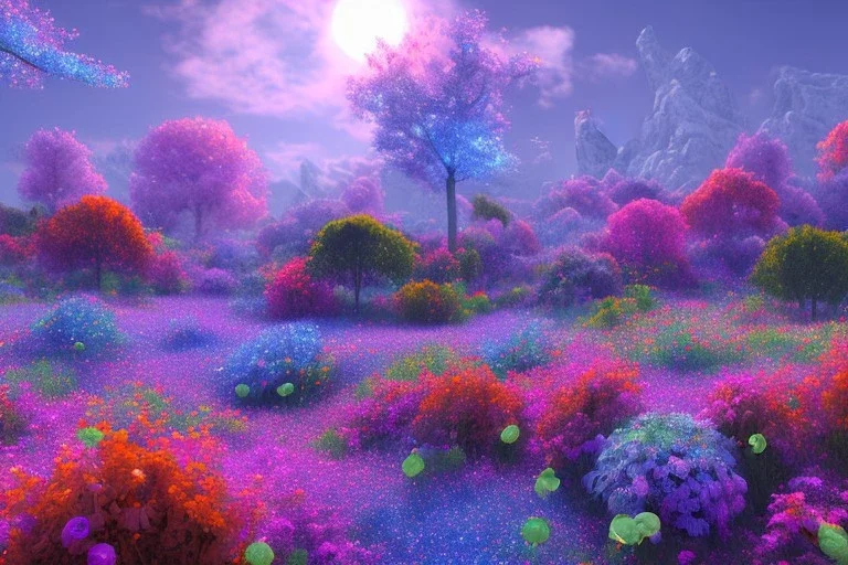 monde en fleurs bleu pink fuksia, concept art, crépuscule , trees bleu pink violet oranger, vibrant Color, réaliste