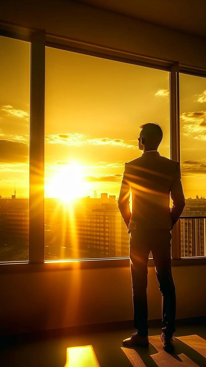 A man standing warching the sky Outside the window, the sun bathes at sunset the city in golden light, symbolizing the boundless opportunities awaiting those who dare to dream big and chase after their ambitions.