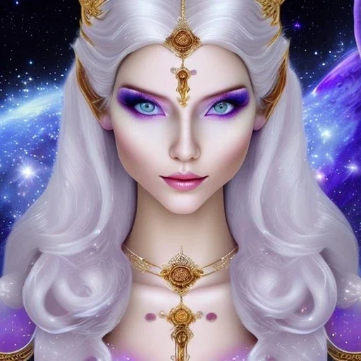 cosmic mage, elf, female, cosmic magic, long ears, white hair, face details, pale skin, jewellery, broad shoulders, sharp ears, cosmic clothes, cosmic eyes, ears shown, the cosmos in eyes, shining eyes, thin face, detailed ears, magical eyes, closed mouth, make up, smiling face, happy face, pointy ears