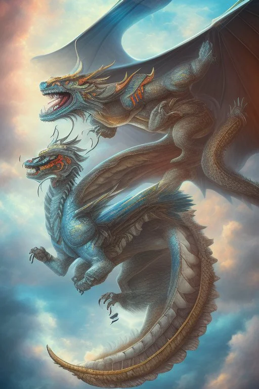 A flying tiger with wings is fighting with a dragon.