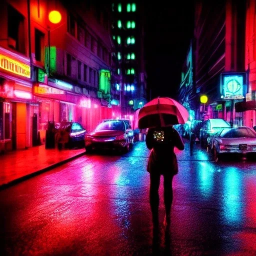 cyborg on city street poignant neon lights rainy atmosphere, clear view, high detail, mechanical, circuits