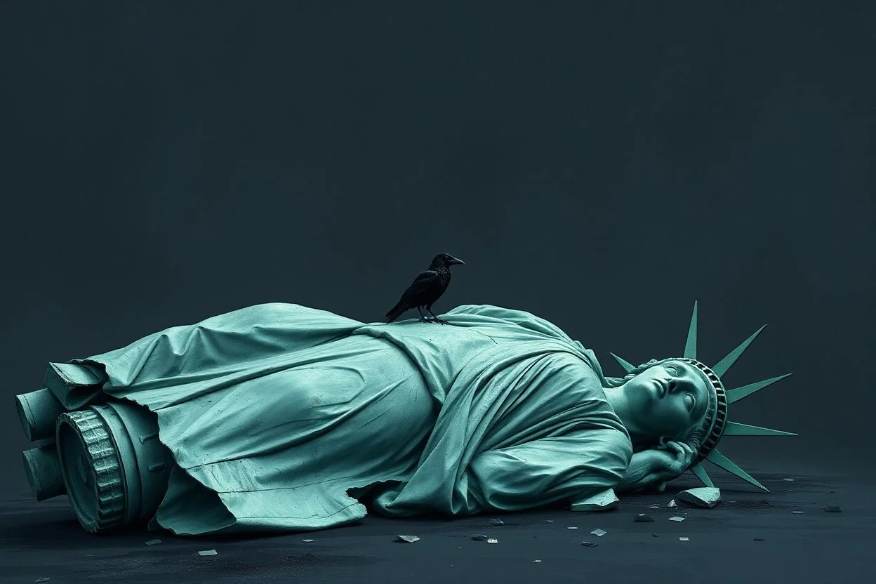 the statue of liberty lying shattered on the ground with a lone raven sitting on it, dark abstract background