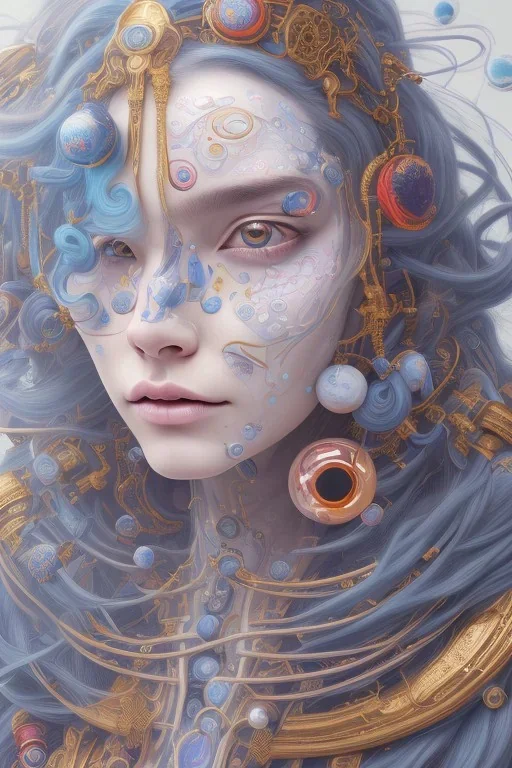 head and shoulders portrait of a woman with planets on her head, long blue hair, face paint, jester hat, Takato Yamamoto artist, Akiya Kageichi artist, Jedediah Berry inspired, 8k resolution concept art portrait, dynamic lighting, hyperdetailed, intricately detailed, maximalist, beautiful, peaceful