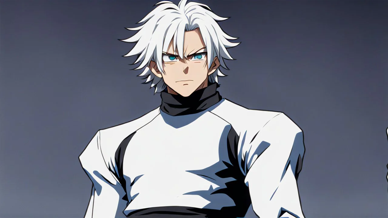 Satoru Gojo is a young guy white hair blue eyes black turtleneck without arms white loose pants in a defensive pose