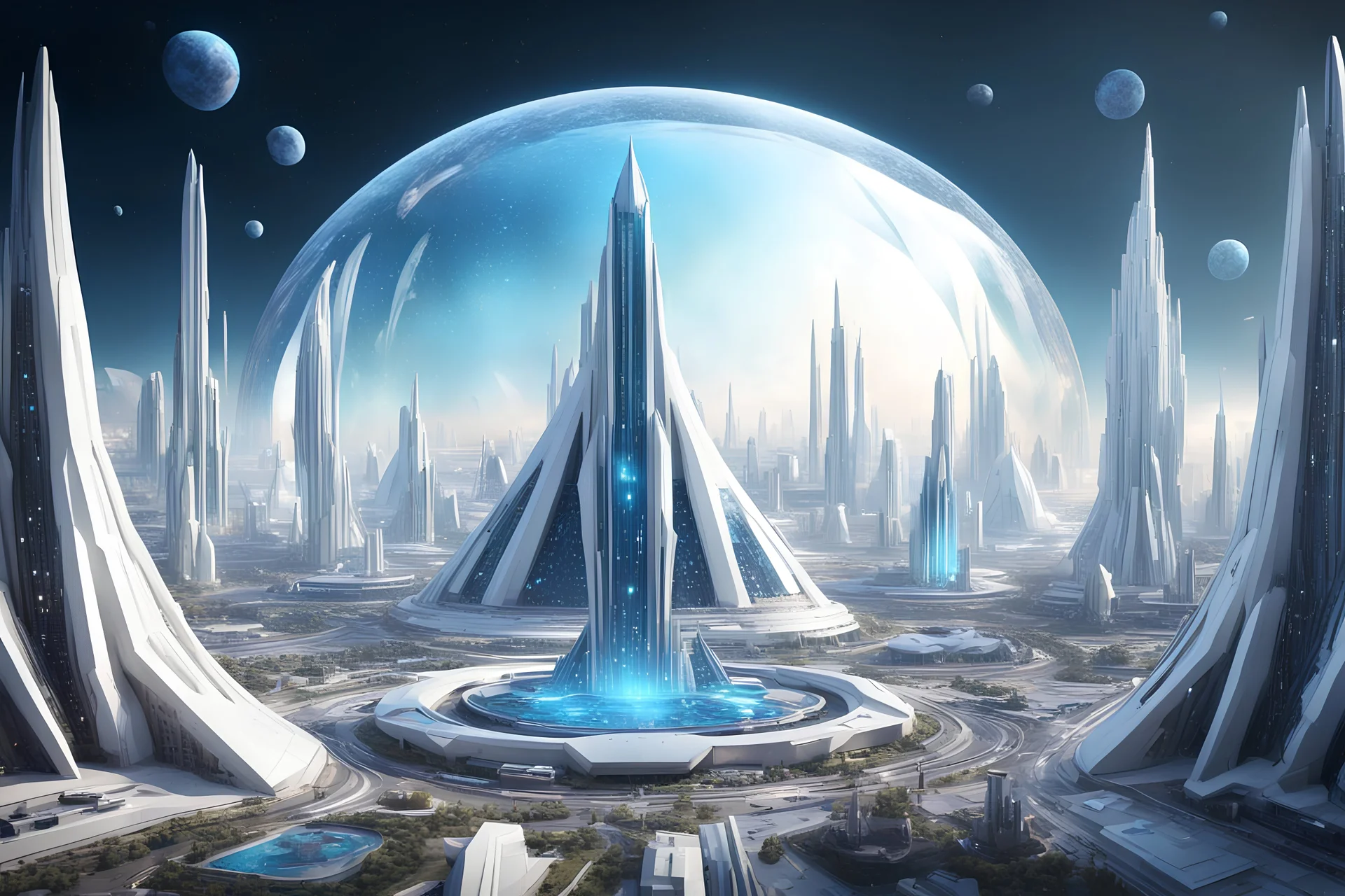 ville extraterrestre white futuriste, great and blue facette cristal dome, vaisseaux spatiaux, 4k, hyperréaliste, cosmic srars sky