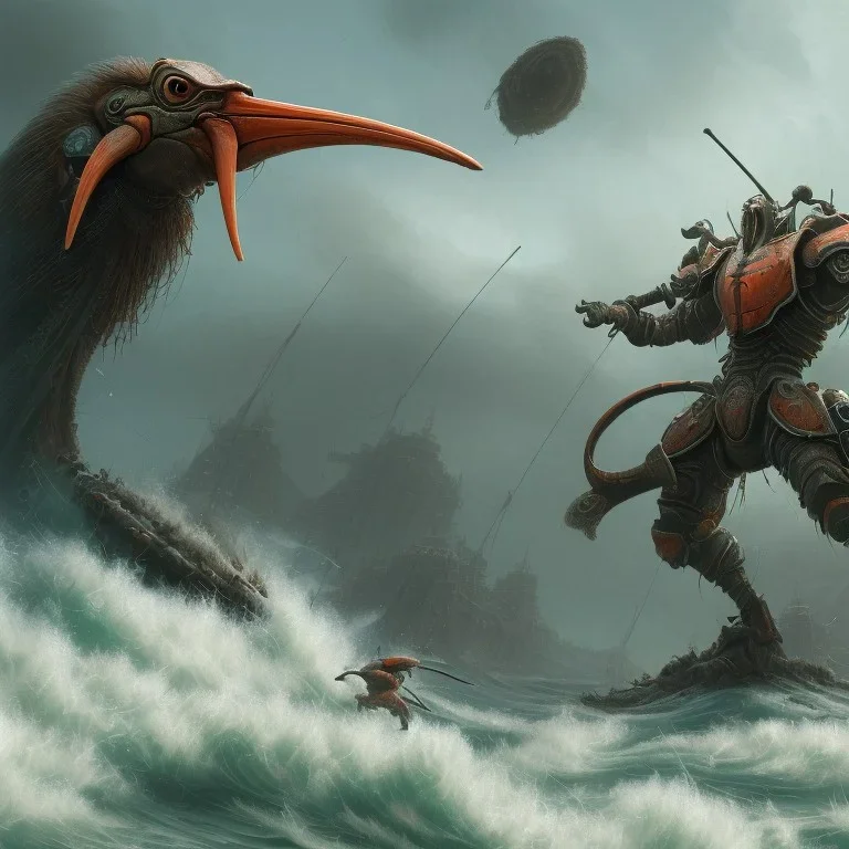 an ibis warrior in orange and green full battle armor, background of giant crashing ocean waves, a highly detailed illustration, realistic render, 8 k, micro detail, intricate, elegant, centered, digital painting, smooth, sharp focus, illustration, artgerm, tomasz alen kopera, peter mohrbacher, donato giancola, joseph christian leyendecker, wlop, boris vallejo