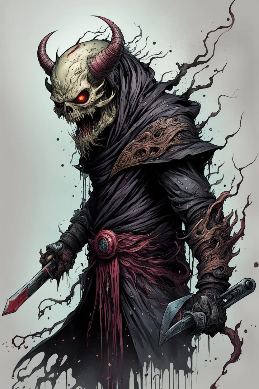 highly detailed full color, concept illustration of an ancient wraith anti hero character , maximalist, sharp focus, highest resolution, in the styles of Alex Pardee, Denis Forkas , and Masahiro Ito, boldly inked, 8k, coarse, gritty textures