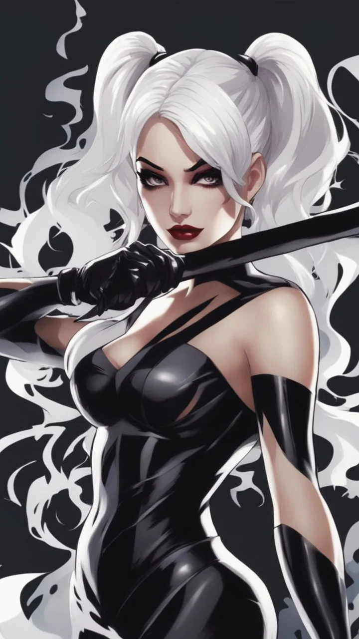 A close picture to Mix between Harley Quinn and venom symbiote with white hair in solo leveling shadow art style