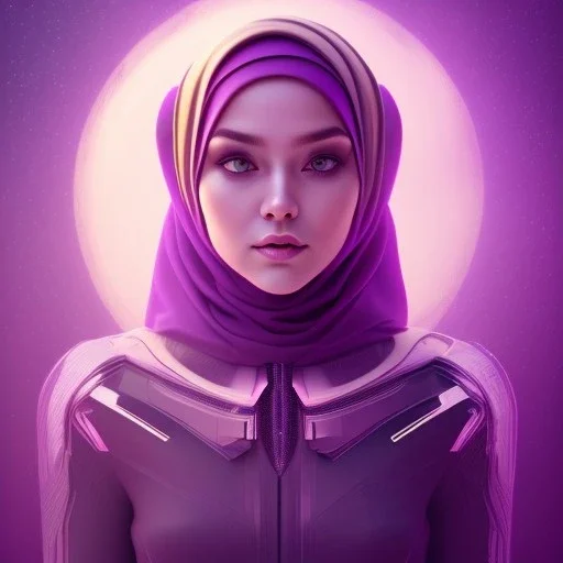 Cute girl face in hijab, Sci-fi character, purple backlight, pink and purple, scifi suit, profile, purple background, pink lighting