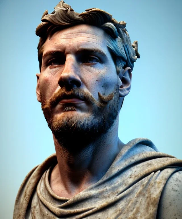 Gran angular, Realistic image, roman sculpture buste, marble deluxe material, Lionel Messi, gold Laurel leaves crown model, miguel angel style, emperador, God light, god rays, 4k resolution, smooth details, ornate details, soft lighting, unreal engine 5, soft cyan background.