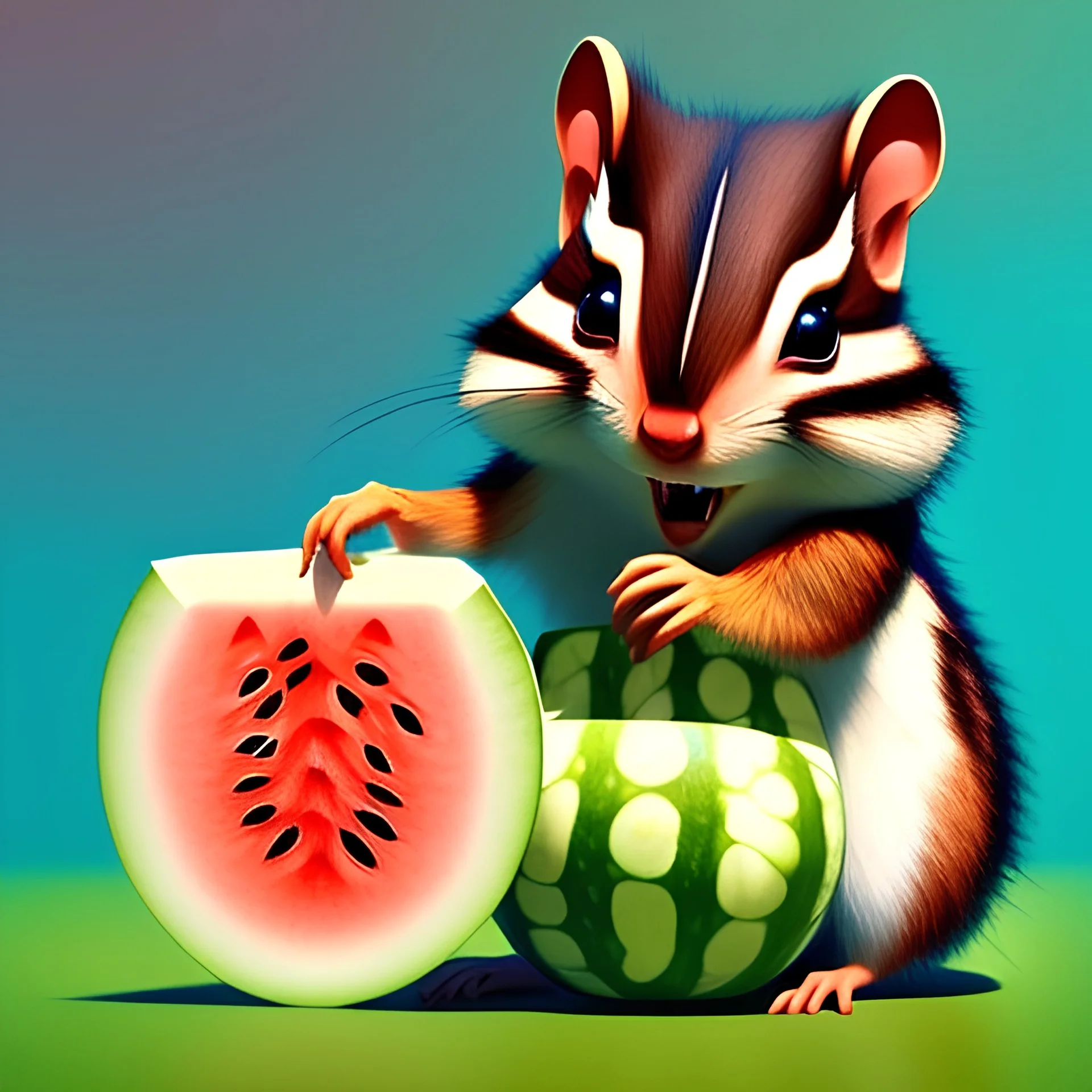 pixar art style of cute baby chipmunk eating watermelom, in natural environment, full body,au naturel, hyper detailed, digital art, trending in artstation, cinematic lighting, studio quality, smooth render, unreal engine 5 rendered, octane rendered