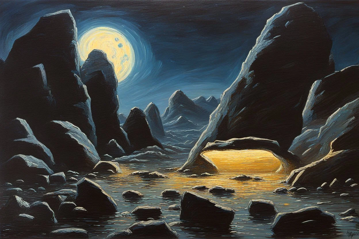 Rocks, night, 2000's sci-fi movies influence, otto pippel impressionism painting