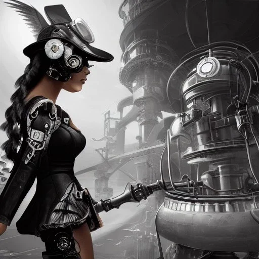 great illustrator, spanish, realistic rendering of a cute girl, beautiful, steampunk syle, black and white. Helmet with tubes. mask. Machinery in the background. robotic bird fkying. High details. 4k. unreal engine