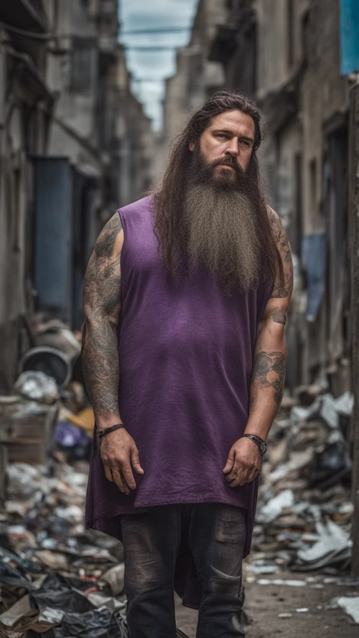 full figure photography of a shy hippy gipsy burly muscular chubby strong man 31 years old with long raided beard, shaved hair, tattoo, photorealistic ,dressed with a purple ripped t-shirt, side light, outdoor in a dirty street full of garbage