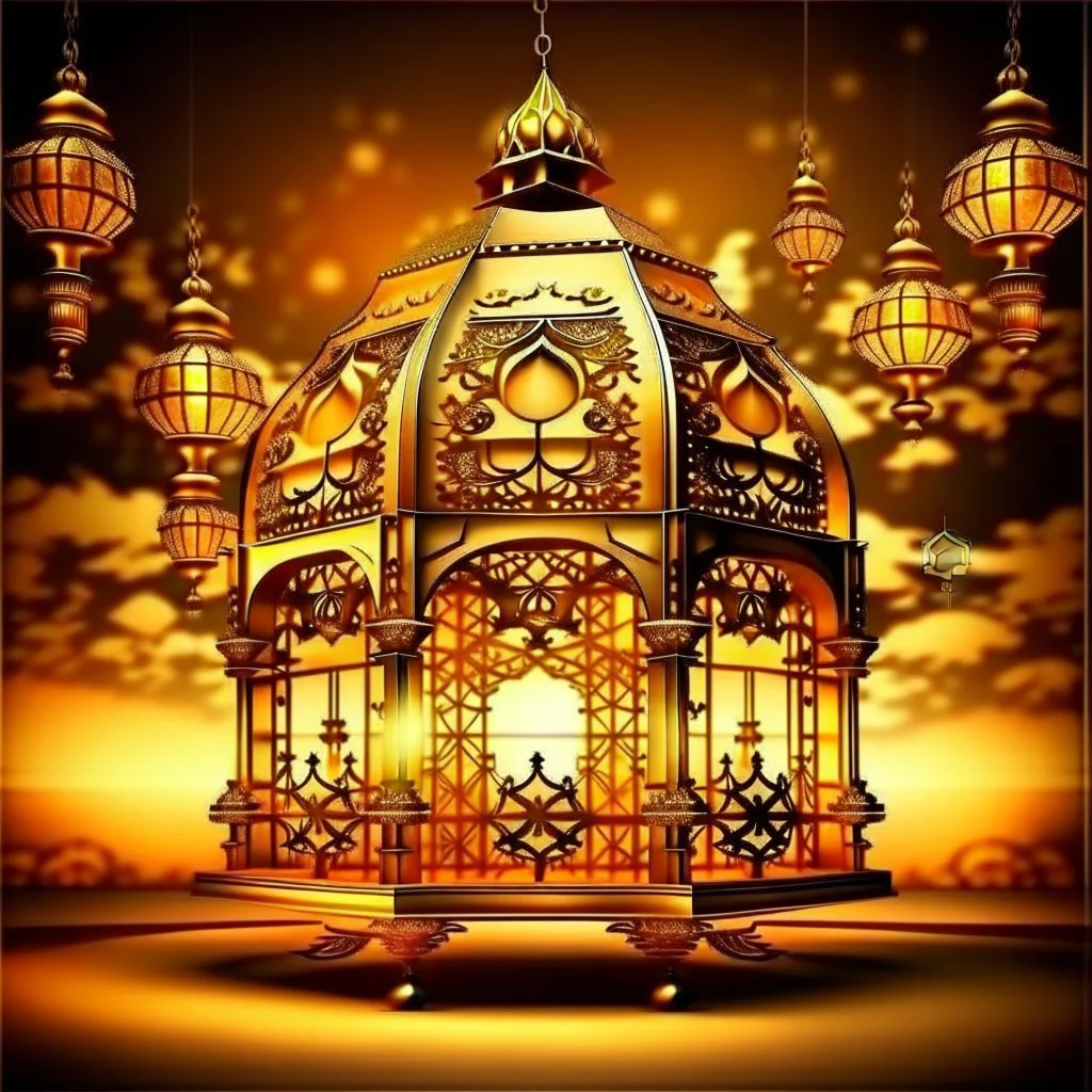 A large golden Ramadan lantern in a place like paradise. From the lantern emerges golden, juicy, amazing, fantastical dates