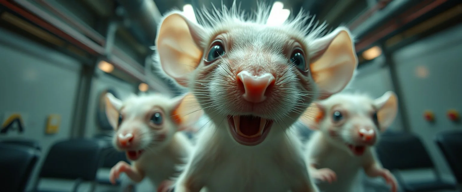 extreme close up on fluffy rat elf vampire family scumbag in the cinema the style of Escher and Giger and Fallout 4, pinhole cam, airbrush 3d rendering, on tv screen:A five-second cinematic single take in a clean industrial presentation hall.