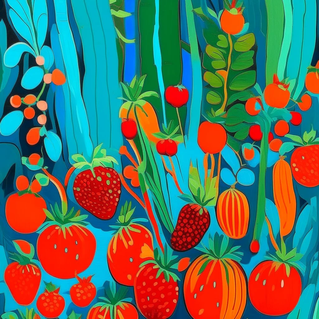 A cyan garden with strawberries and carrots designed in Navajo woven art painted by Clyfford stiil