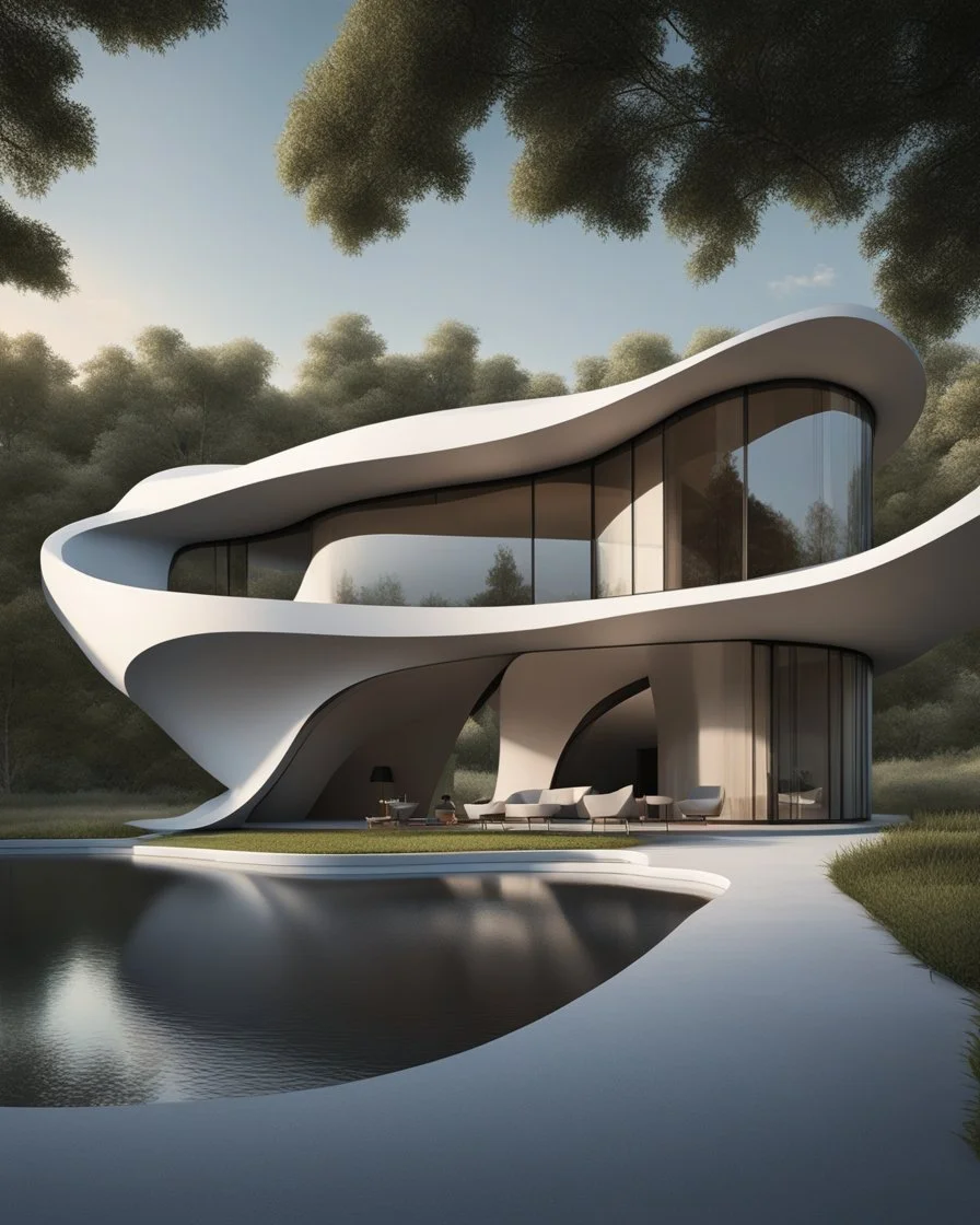 Casa campestre estilo Zaha Hadid, Pintura al óleo, calidad ultra, hiperdetallado, obra de arte, 8k, 3d, cuerpo completo